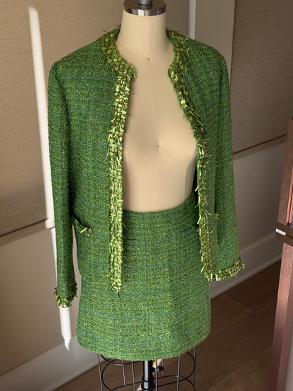 Valentino Green Sequin Tweed Jacket & Skirt Set