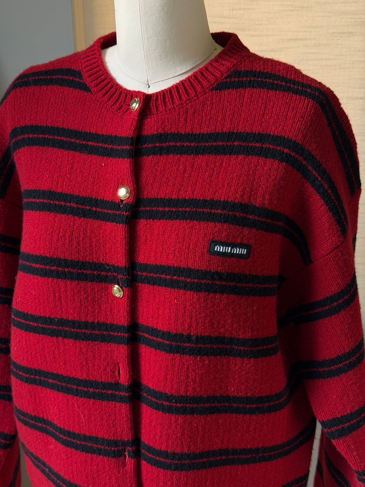 Miu Miu FW24 Red & Black Striped Gold-Button Cardigan