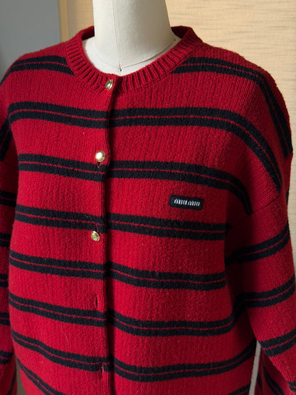 Miu Miu FW24 Red & Black Striped Gold-Button Cardigan