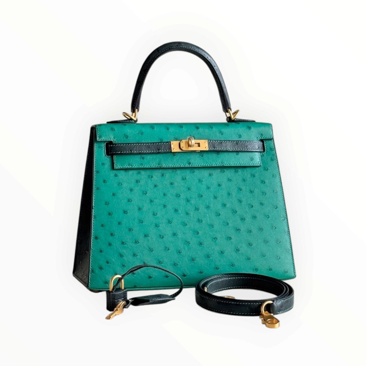 Hermès Kelly 25 Ostrich Leather, Turquoise and Black, Gold Hardware