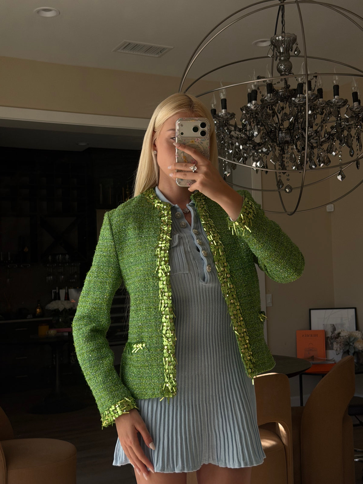 Valentino Green Sequin Tweed Jacket & Skirt Set