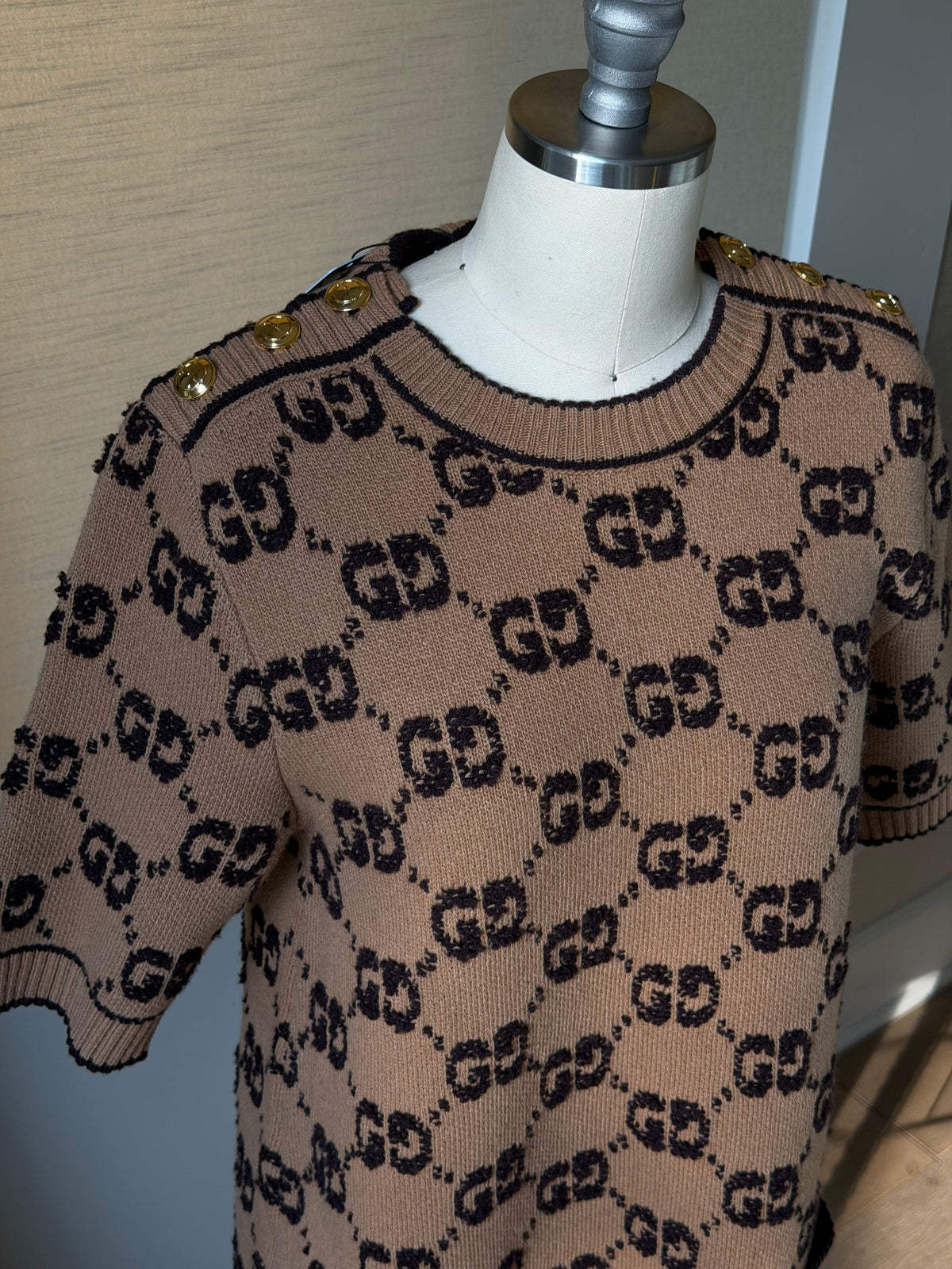 Gucci Brown GG Wool Dress with Gold Buttons
