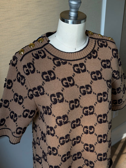 Gucci Brown GG Wool Dress with Gold Buttons