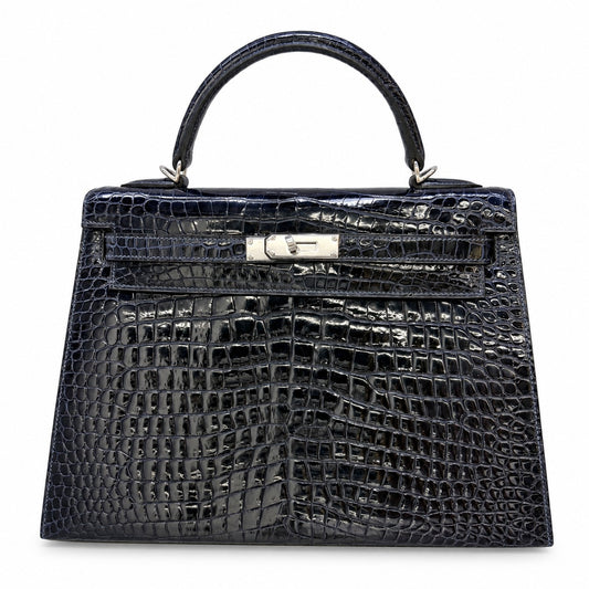 Hermès Kelly 32 Crocodile Leather, Blue, Palladium Hardware, P Stamp