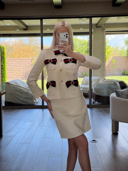 Gucci Ivory Bow Crystal Tweed Skirt Set