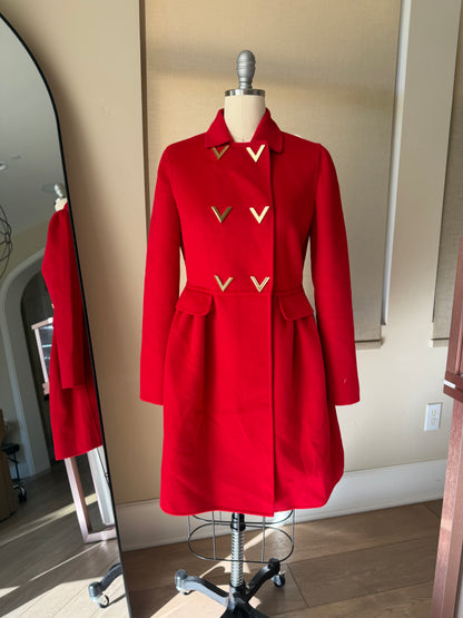 Valentino Red Metal V-Buckle Coat