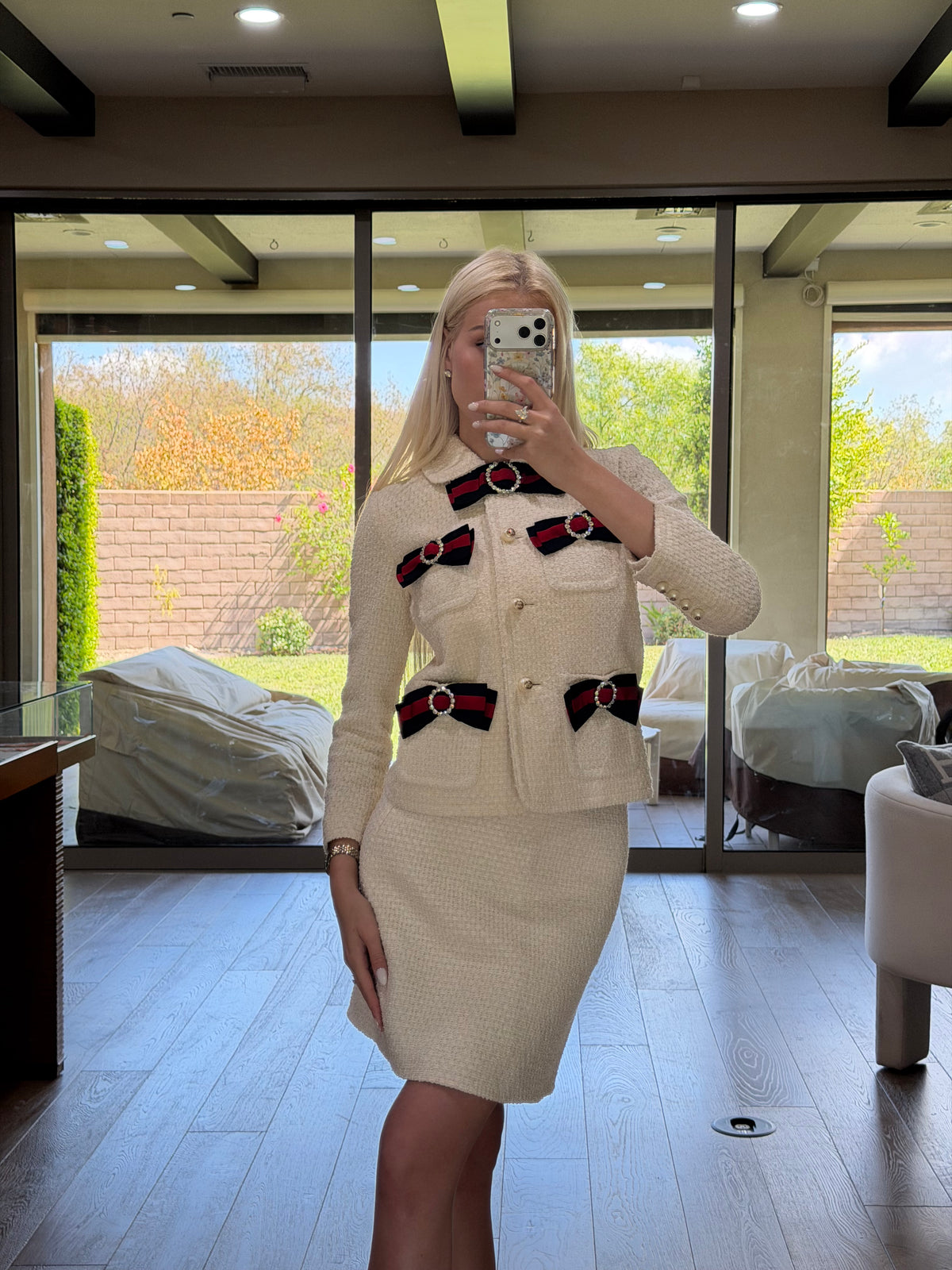 Gucci Ivory Bow Crystal Tweed Skirt Set