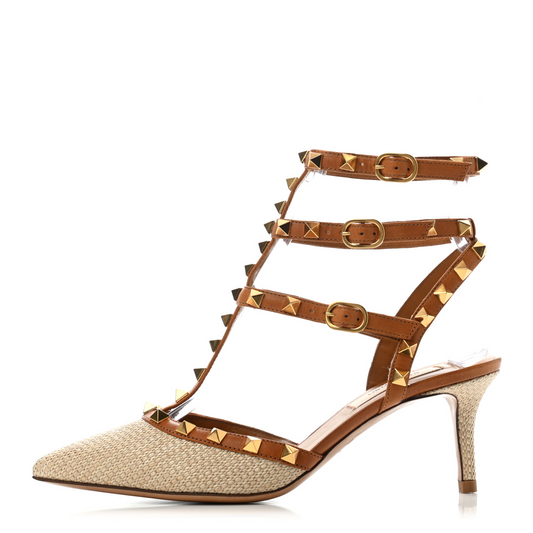 Valentino Garavani Rockstud Raffia T-Strap Pump Heels Natural Tan