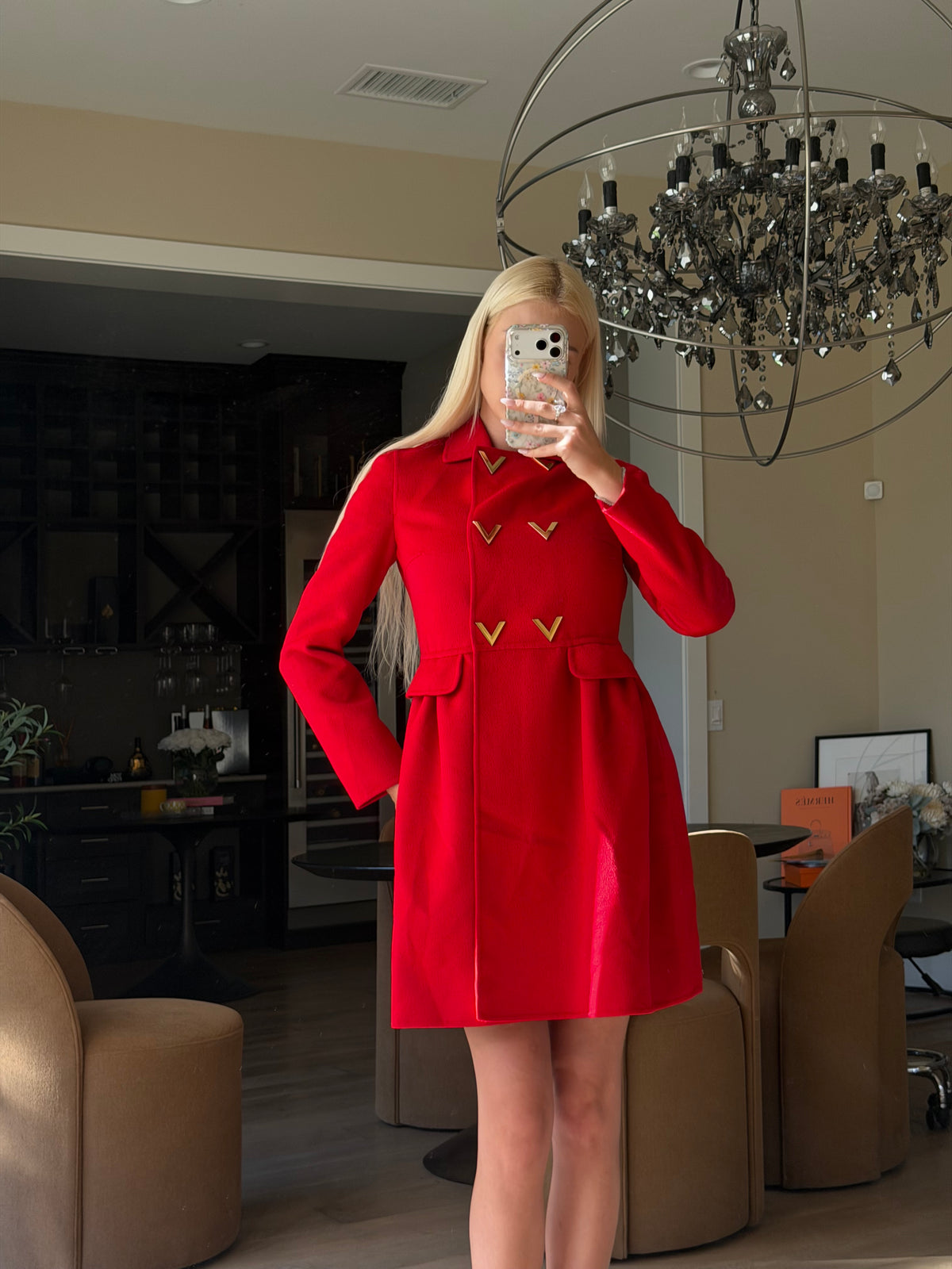 Valentino Red Metal V-Buckle Coat