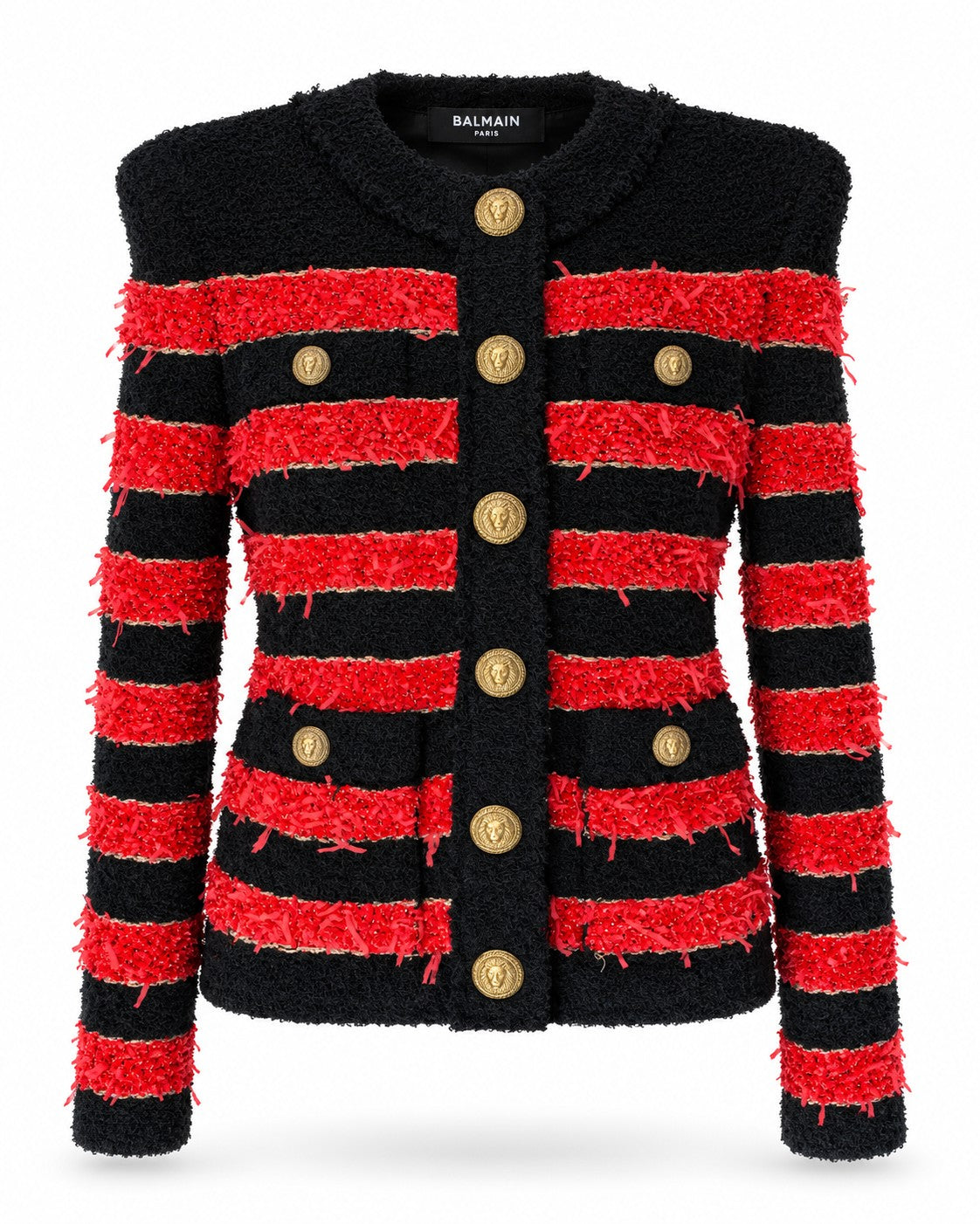 Balmain Red & Black Embellished Knit Jacket