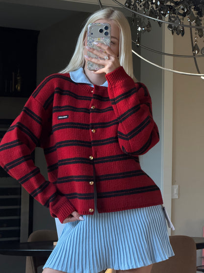 Miu Miu FW24 Red & Black Striped Gold-Button Cardigan