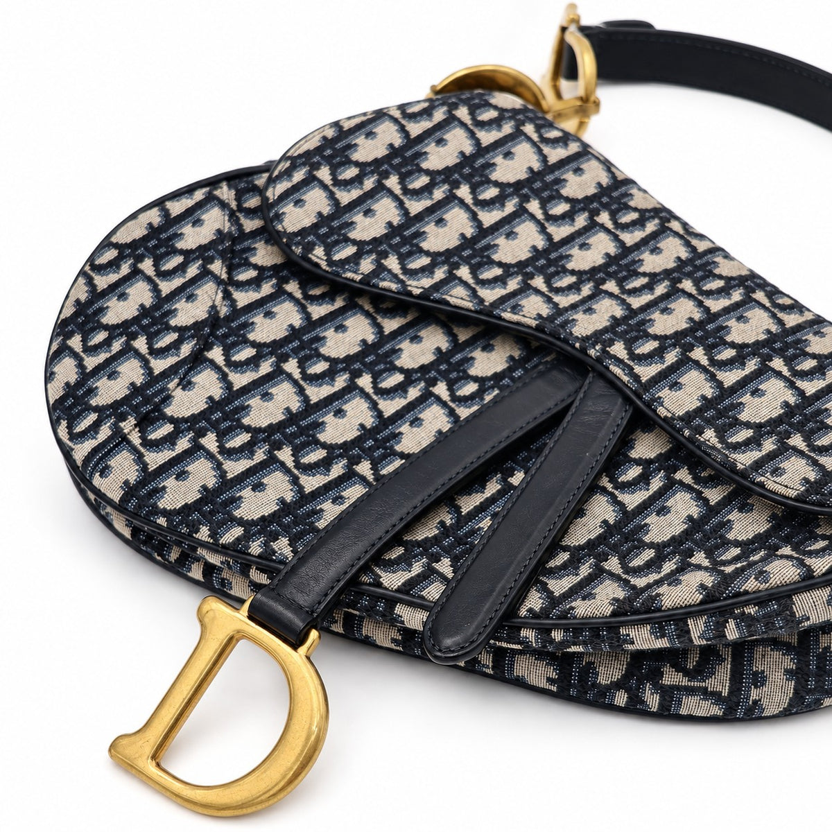 Dior Oblique Canvas Saddle Bag Navy Beige GHW