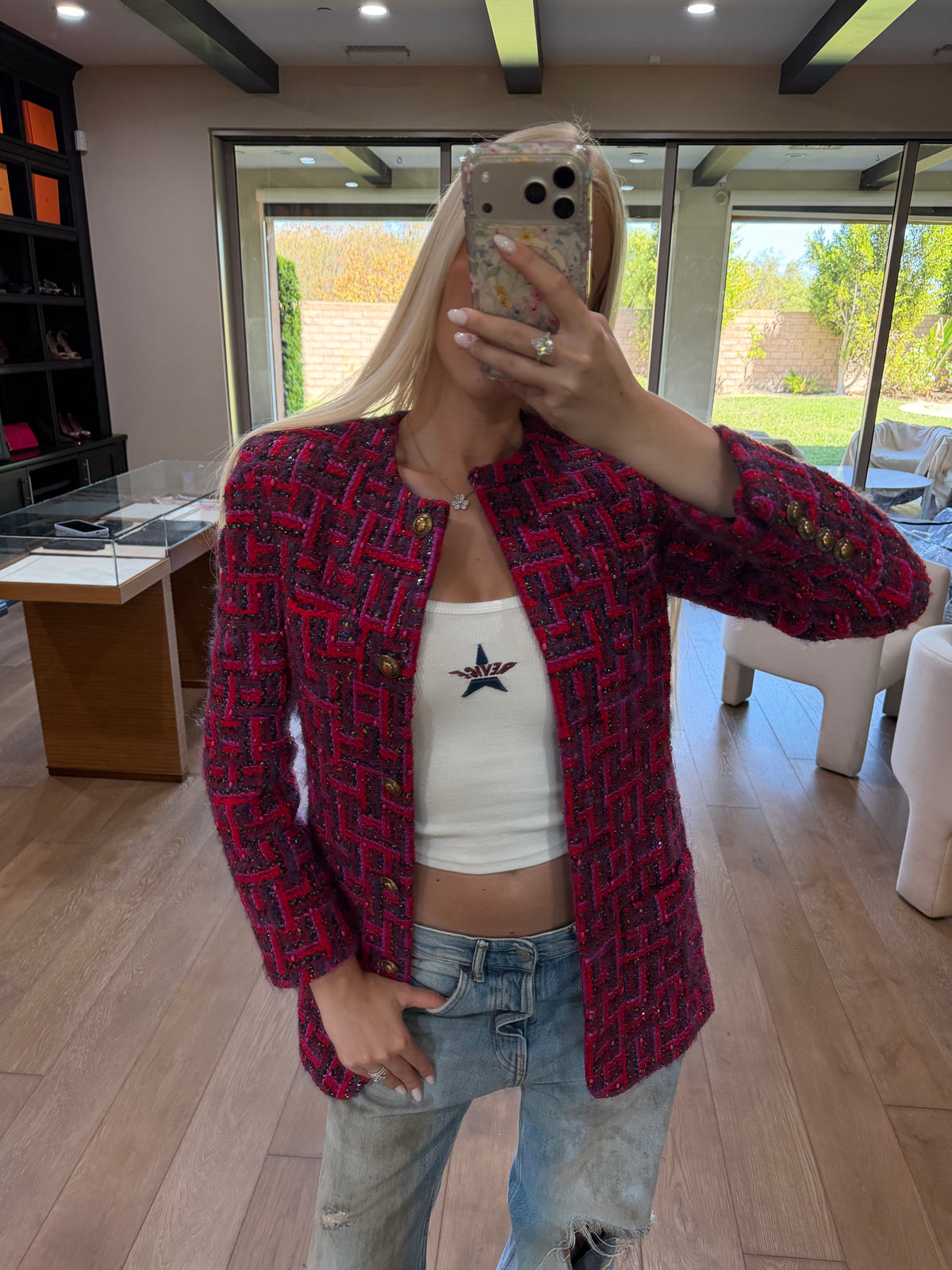 Saint Laurent Red Embellished Tweed Jacket