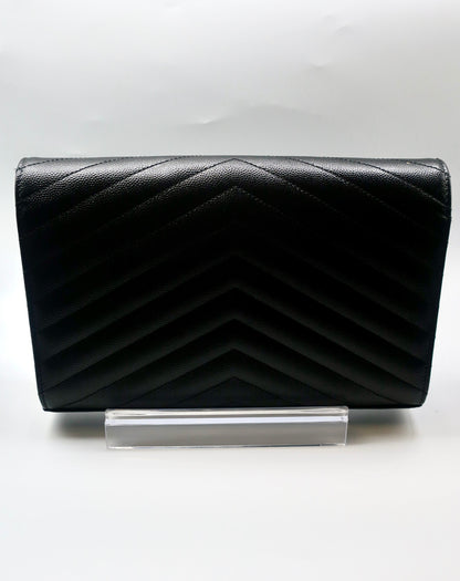 Saint Laurent  Grain De Poudre Matelasse Chevron Monogram Chain Wallet Black