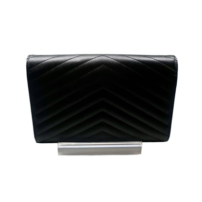 Saint Laurent  Grain De Poudre Matelasse Chevron Monogram Chain Wallet Black