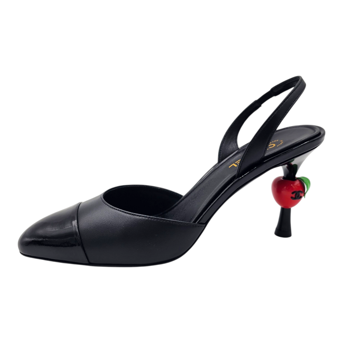 Chanel 26A Métiers Blazy Noir Rouge Pomme Sling CC Logo Pump Slingback Heel Size 38.5