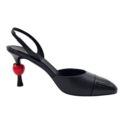 Chanel 26A Métiers Blazy Noir Rouge Pomme Sling CC Logo Pump Slingback Heel Size 38.5
