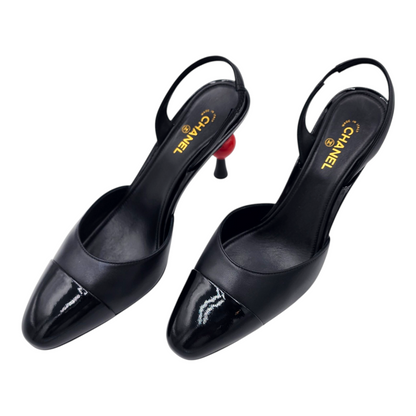 Chanel 26A Métiers Blazy Noir Rouge Pomme Sling CC Logo Pump Slingback Heel Size 38.5