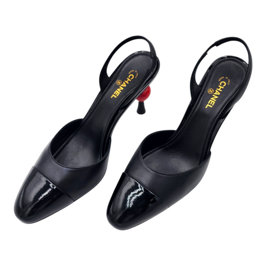 Chanel 26A Métiers Blazy Noir Rouge Pomme Sling CC Logo Pump Slingback Heel Size 38.5