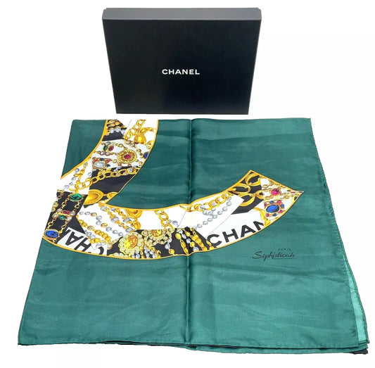 Chanel Coco Mark Green Multicolor Silk Scarf