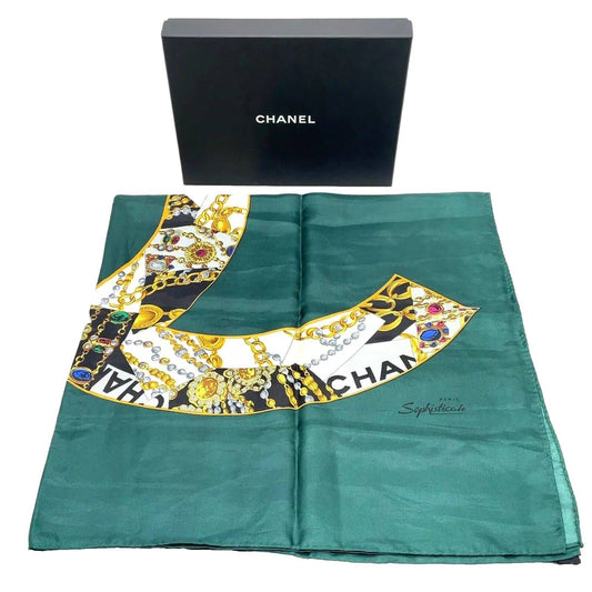 Chanel Coco Mark Green Multicolor Silk Scarf