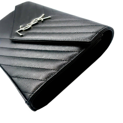 Saint Laurent  Grain De Poudre Matelasse Chevron Monogram Chain Wallet Black