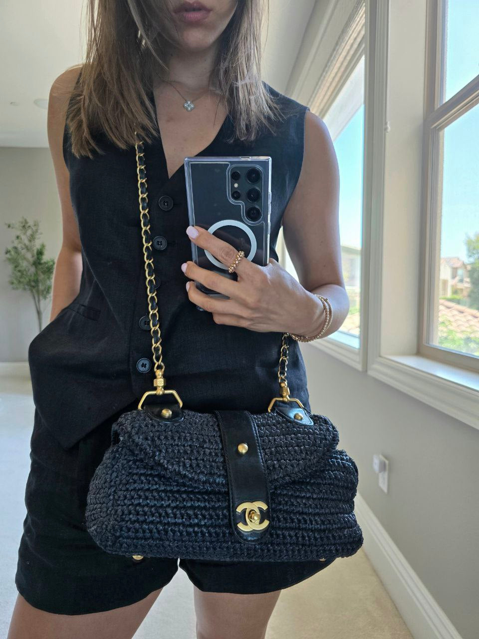 Chanel Black Straw Chain Shoulder Bag