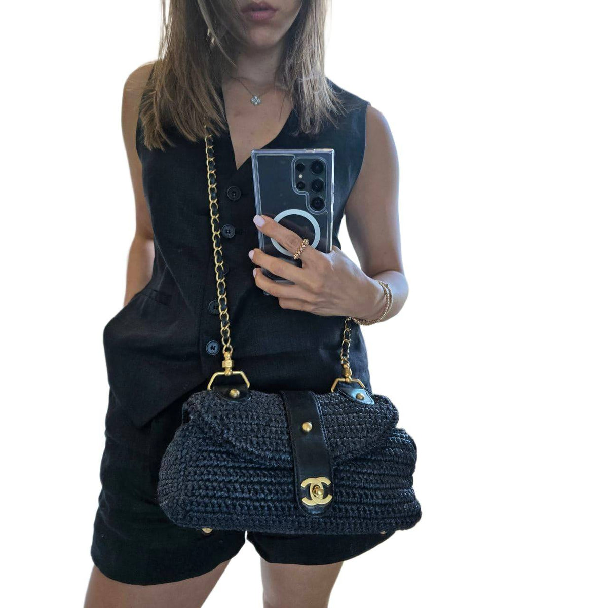 CHANEL Black Straw Chain Shoulder Bag