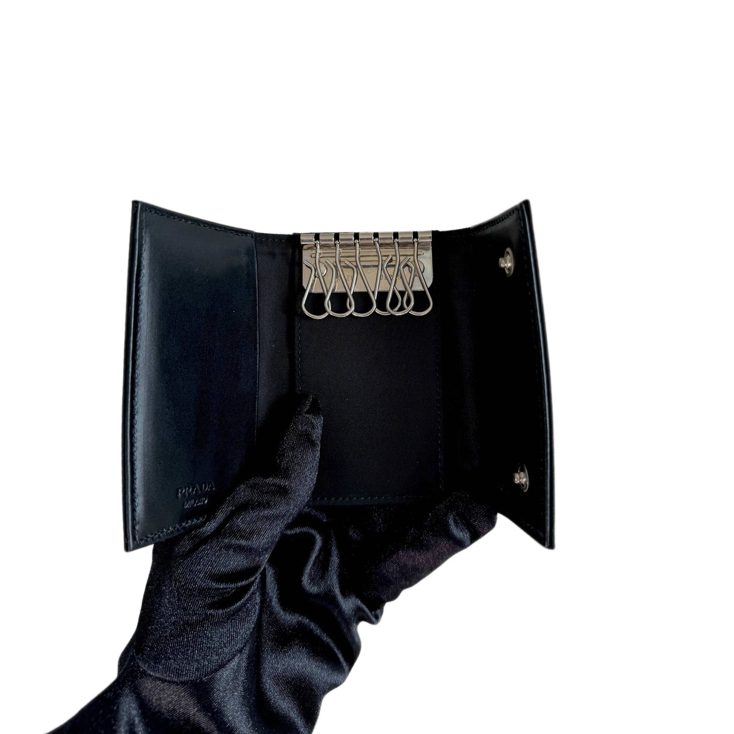 PRADA Logo Plate Nylon 6 Ring Key Case