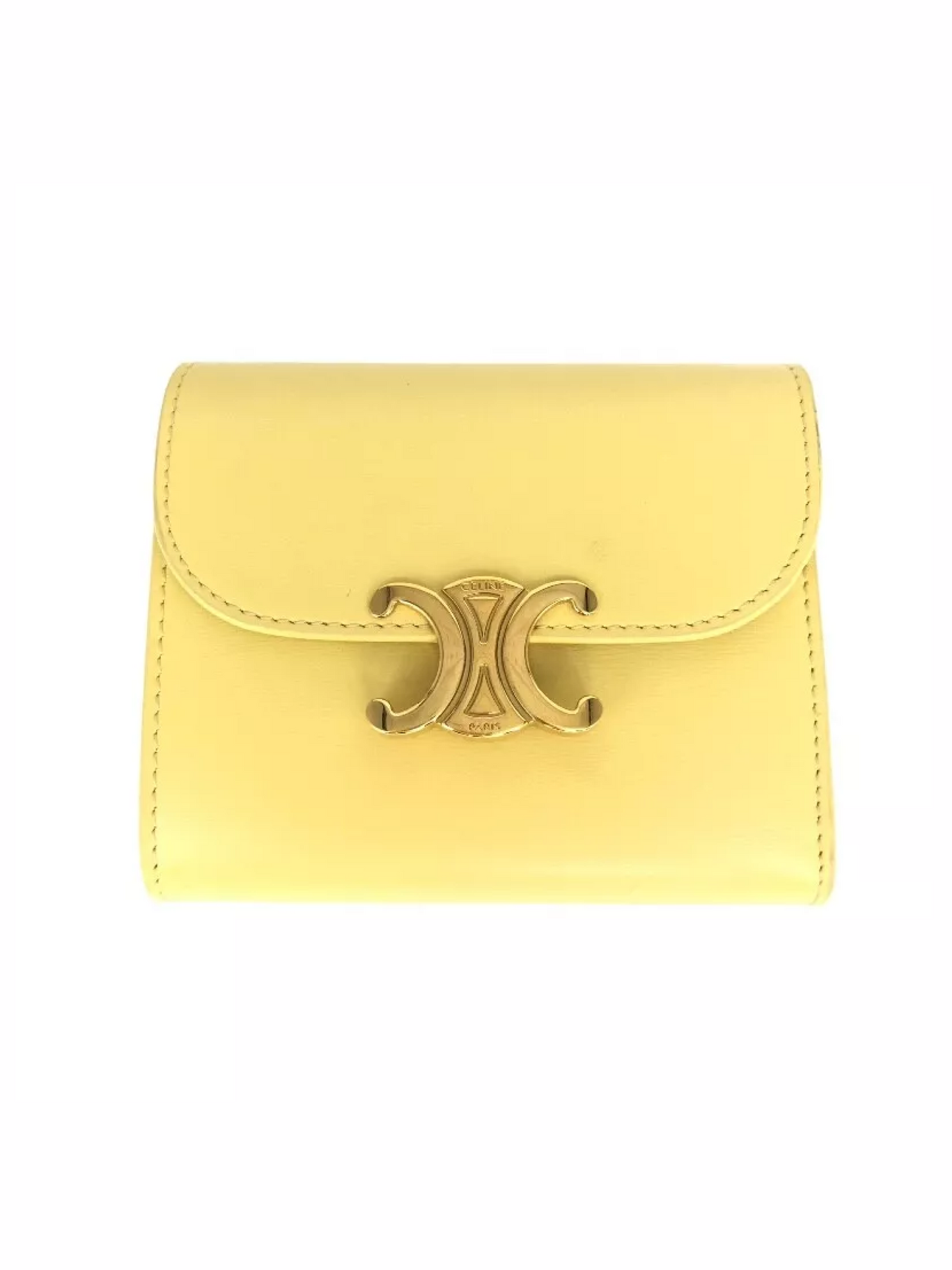 Auth CELINE Small Flap Wallet Tri-fold Wallet Yellow Leather