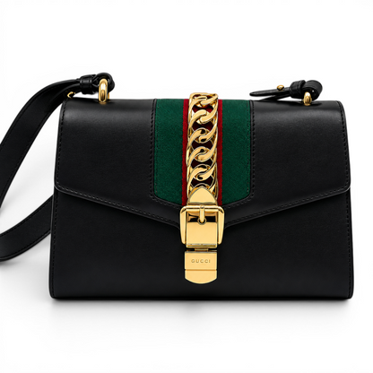 Gucci Smooth Calfskin Leather Small Sylvie Shoulder Bag Black GHW