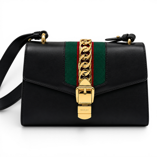 Gucci Smooth Calfskin Leather Small Sylvie Shoulder Bag Black GHW