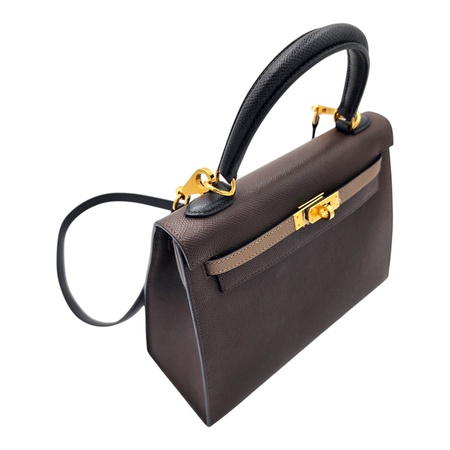 Hermes Kelly 25 Tricolor Sellier in Ecorce, Etoupe and Noir Epsom GHW