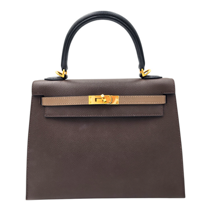 Hermes Kelly 25 Tricolor Sellier in Ecorce, Etoupe and Noir Epsom GHW