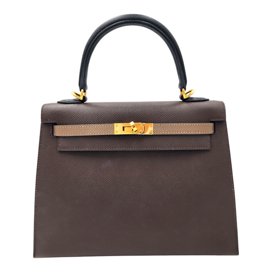 Hermes Kelly 25 Tricolor Sellier in Ecorce, Etoupe and Noir Epsom GHW
