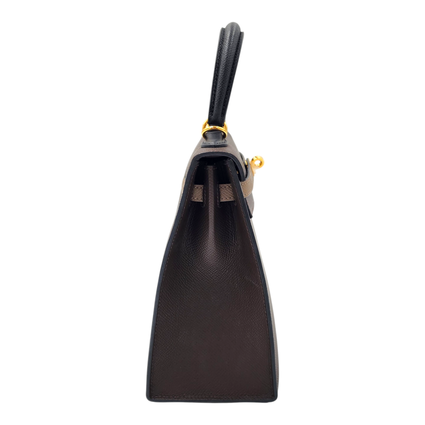 Hermes Kelly 25 Tricolor Sellier in Ecorce, Etoupe and Noir Epsom GHW