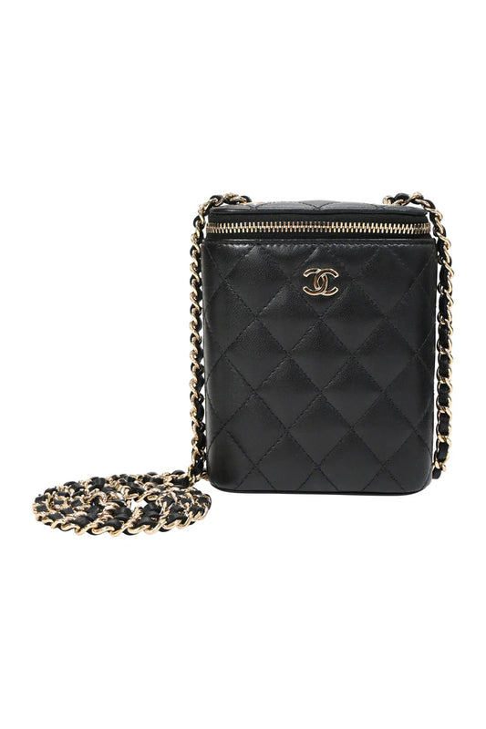 Chanel Lambskin Mini Vanity Case with Chain Black Leather Gold Hardware