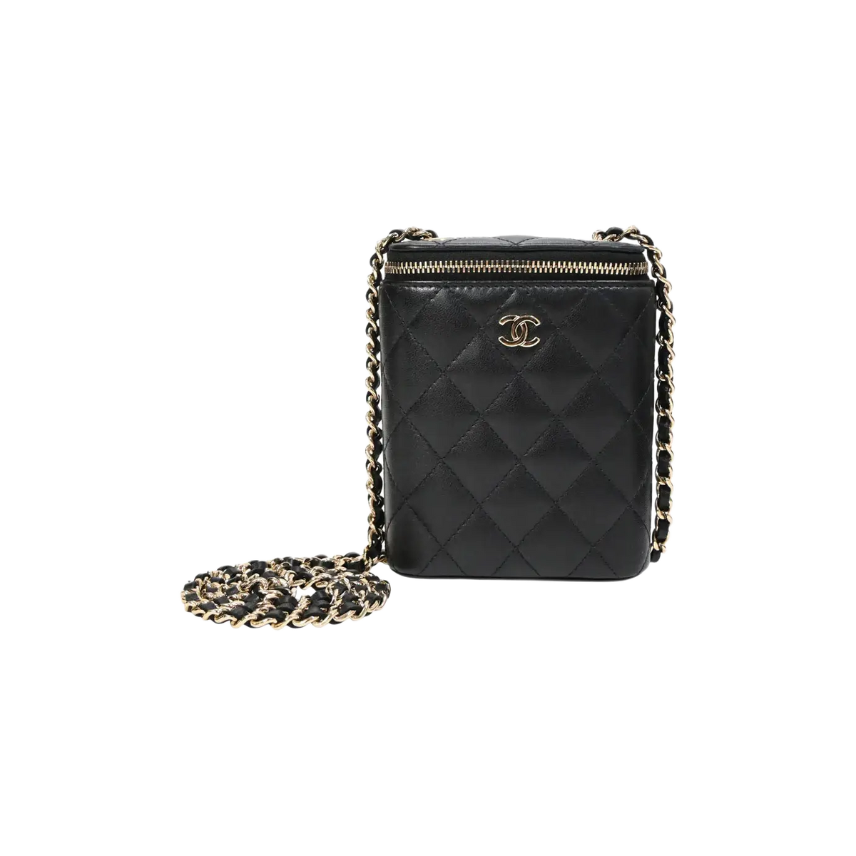 Chanel Lambskin Mini Vanity Case with Chain Black Leather Gold Hardware