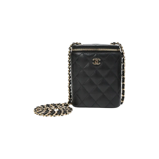 Chanel Lambskin Mini Vanity Case with Chain Black Leather Gold Hardware