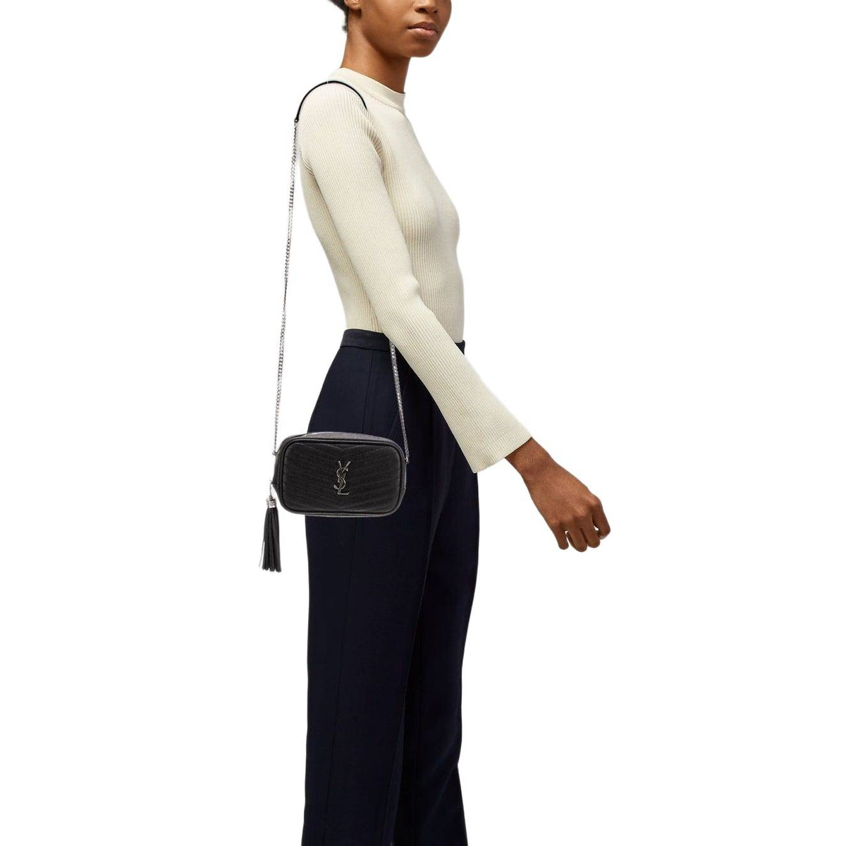 Saint Laurent Grain De Poudre Matelasse Monogram Mini Lou Camera Bag Black