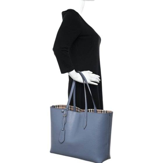 Burberry Calfskin Haymarket Check Small Reversible Tote Slate Blue