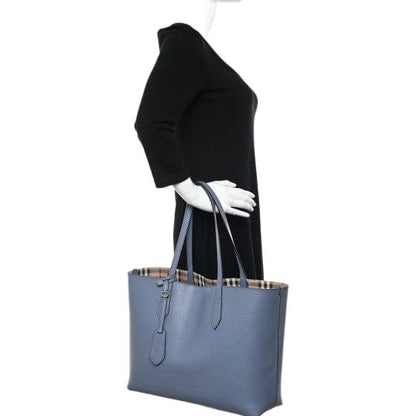 Burberry Calfskin Haymarket Check Small Reversible Tote Slate Blue