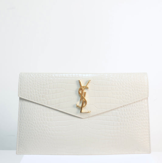 Saint Laurent Calfskin Crocodile Embossed Uptown Monogram Pouch Crema Soft