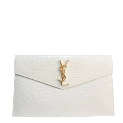Saint Laurent Calfskin Crocodile Embossed Uptown Monogram Pouch Crema Soft