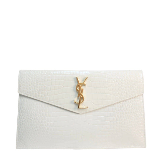 Saint Laurent Calfskin Crocodile Embossed Uptown Monogram Pouch Crema Soft