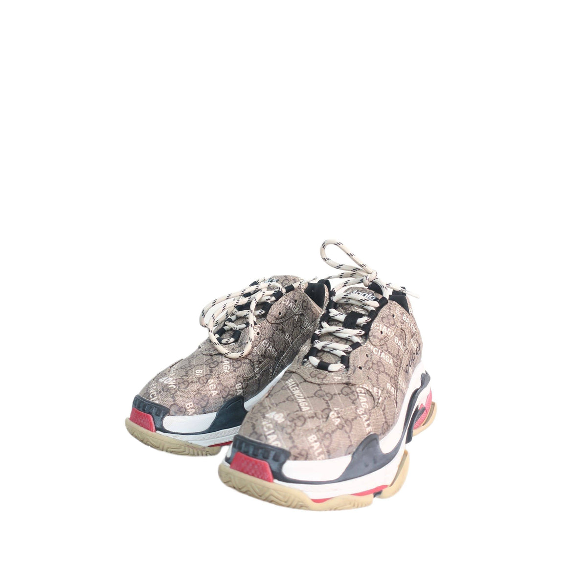BALENCIAGA X GUCCI GG Supreme Monogram Allover Logo Womens Triple S Sneakers Beige Ebony Mystic White