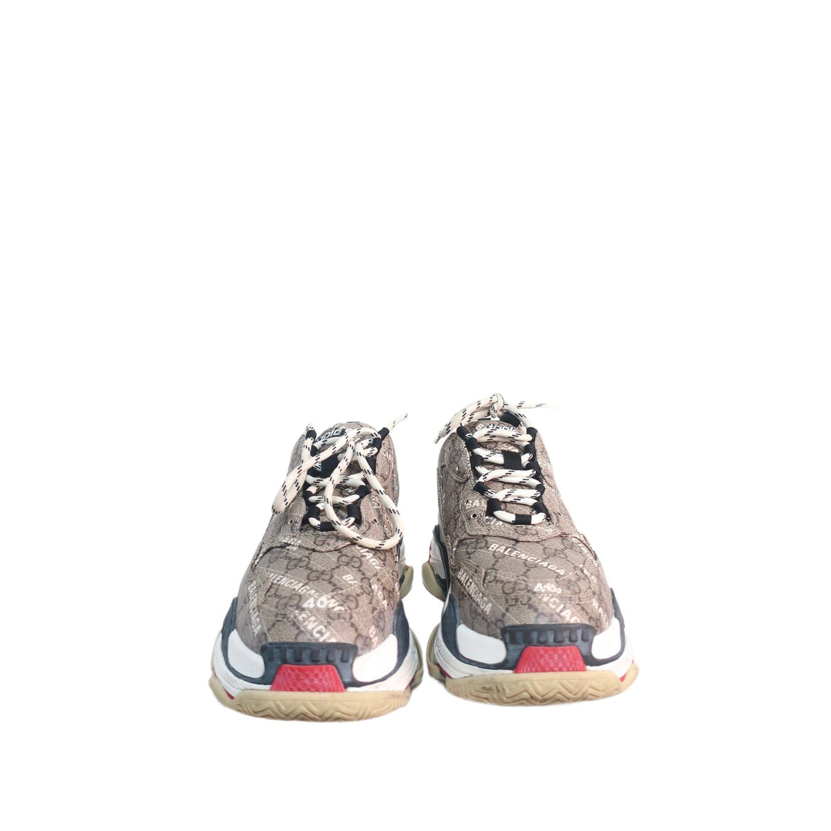BALENCIAGA X GUCCI GG Supreme Monogram Allover Logo Womens Triple S Sneakers Beige Ebony Mystic White