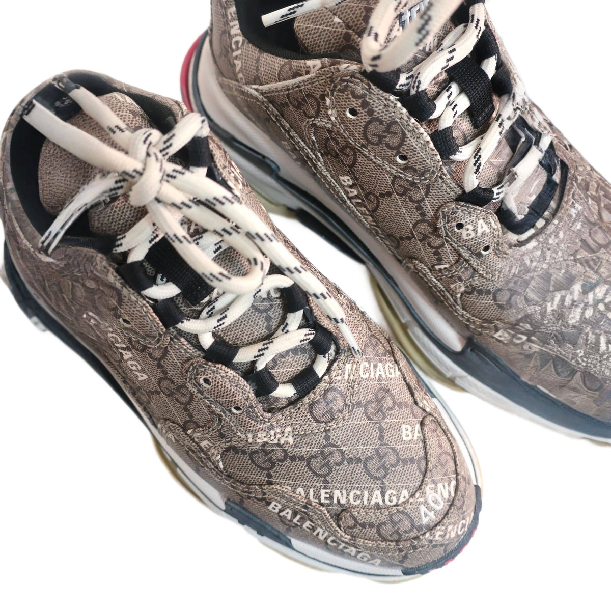 BALENCIAGA X GUCCI GG Supreme Monogram Allover Logo Womens Triple S Sneakers Beige Ebony Mystic White