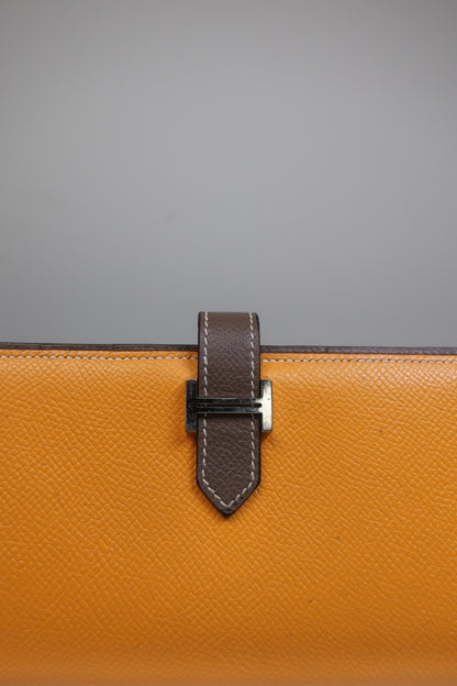 HERMES Bearn Bicolore Trifold Wallet Veau Epsom Yellow & Brown
