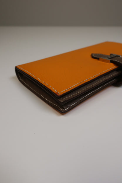 HERMES Bearn Bicolore Trifold Wallet Veau Epsom Yellow & Brown